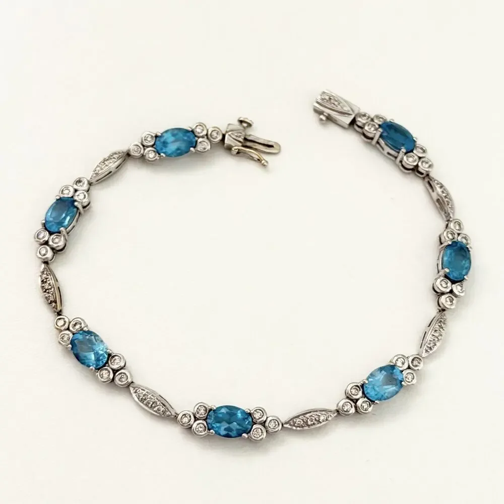 14K White Gold Blue Topaz & Diamond Bracelet